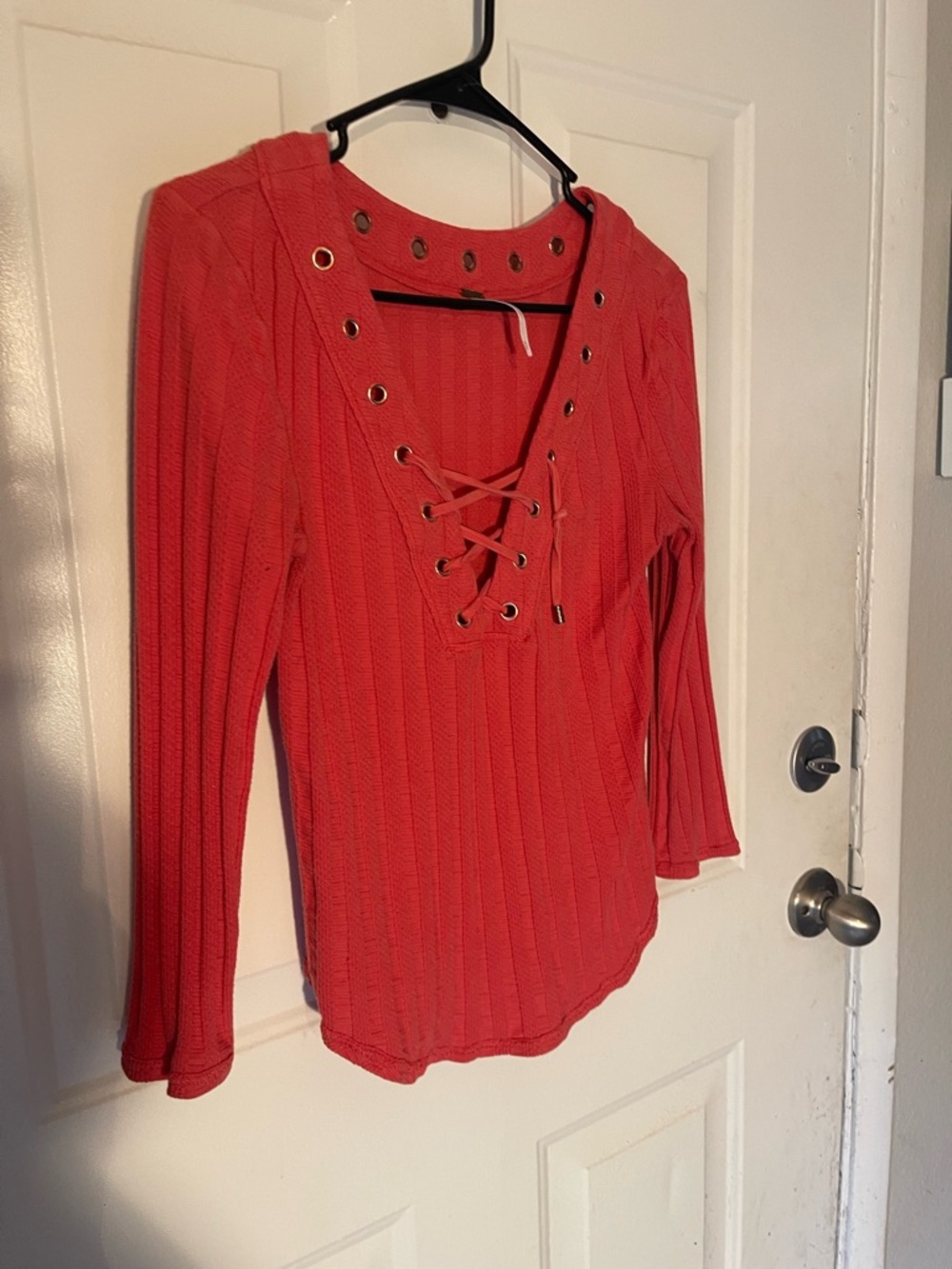 Abercrombie & Fitch Coral Lace-Up Ribbed Long-Sleeve Top